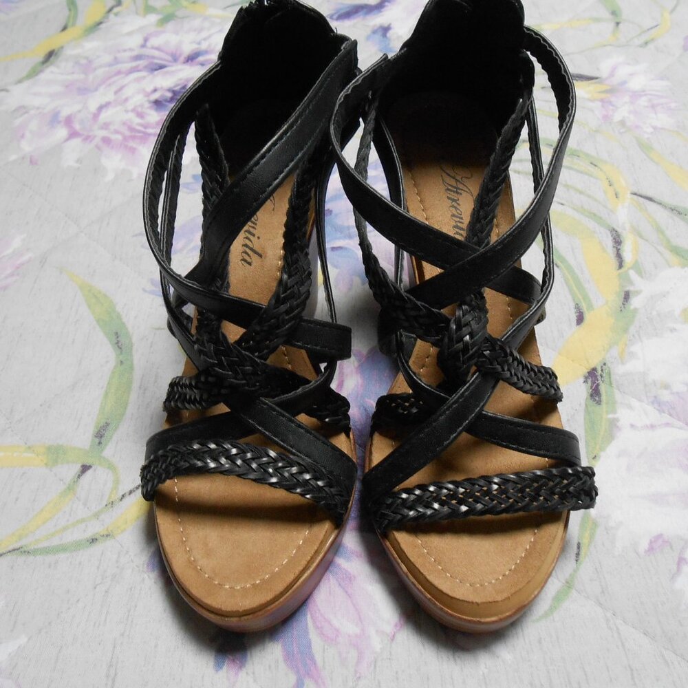 Women's "Atrevida" black, strappy, wedge sandals, size 8M.